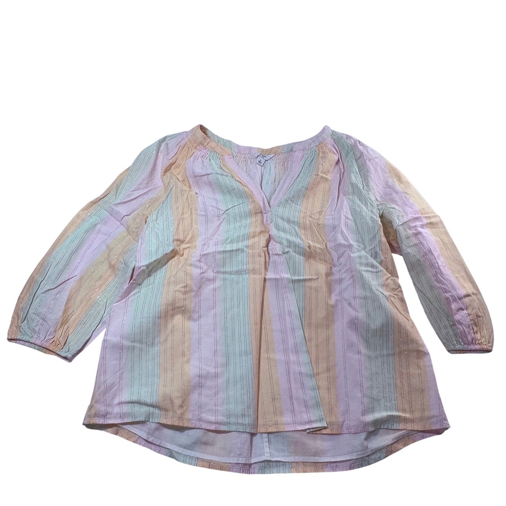 Crown & Ivy Women Large Pastel Striped Metallic Cotton Gauze Peasant Blouse L